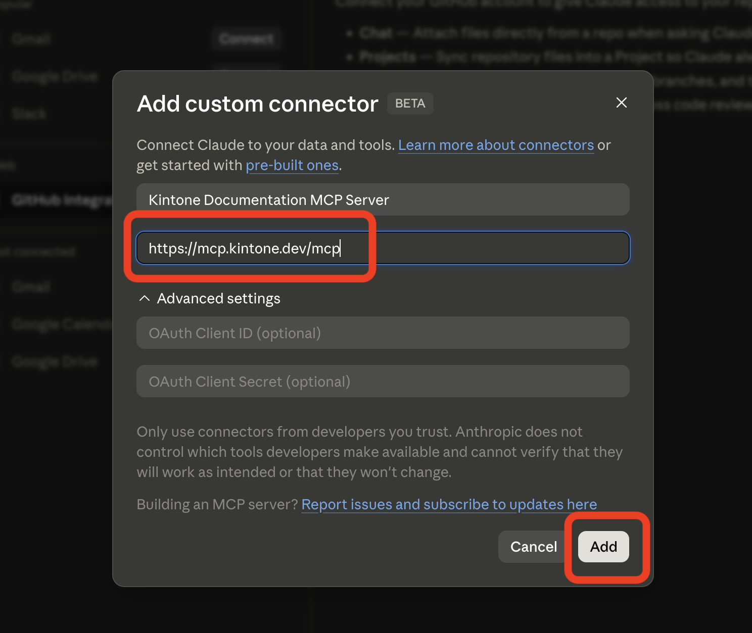 Claude add connector screen