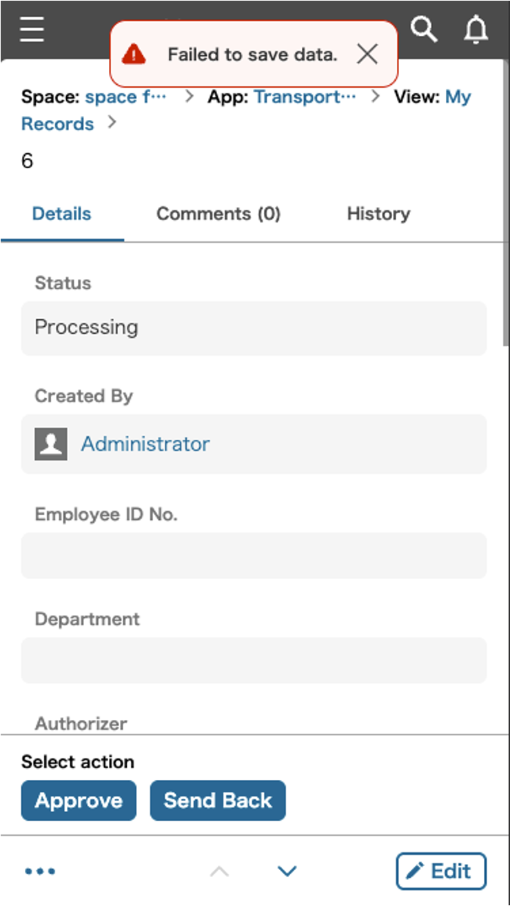Screenshot: An error message is displayed in red color-code on mobile record details page.