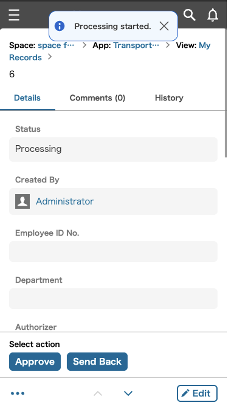 Screenshot: An information message is displayed in blue color-code on mobile record details page.