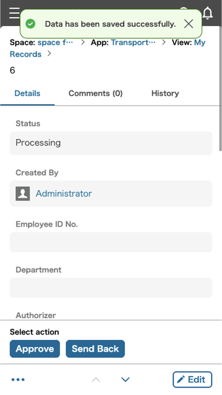 Screenshot: A success message is displayed in green color-code on the mobile record details page.