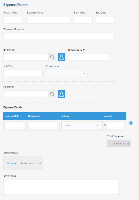 Screenshot: The final layout of the example expense report Kintone App