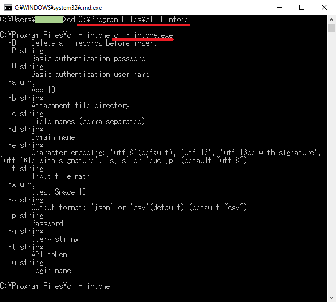 Screenshot: The execution options for cli-kintone.exe shown in the Windows command prompt.