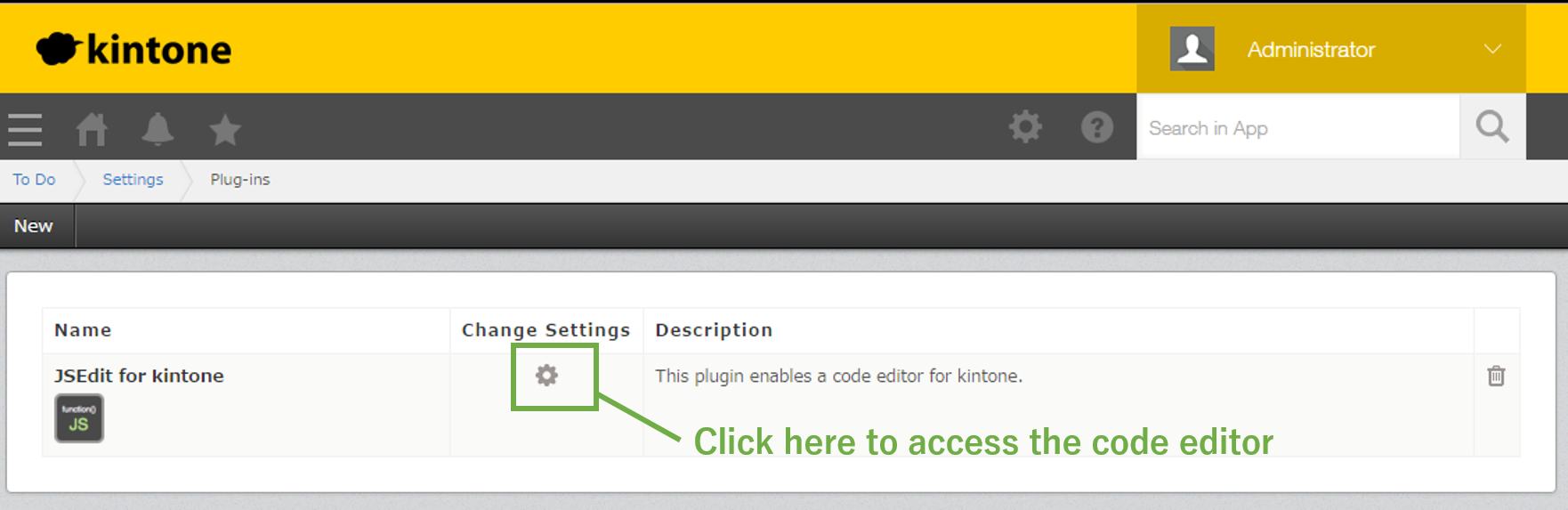 Screenshot: The plug-ins settings of the Kintone App, showing how to access the settings of the plug-in.