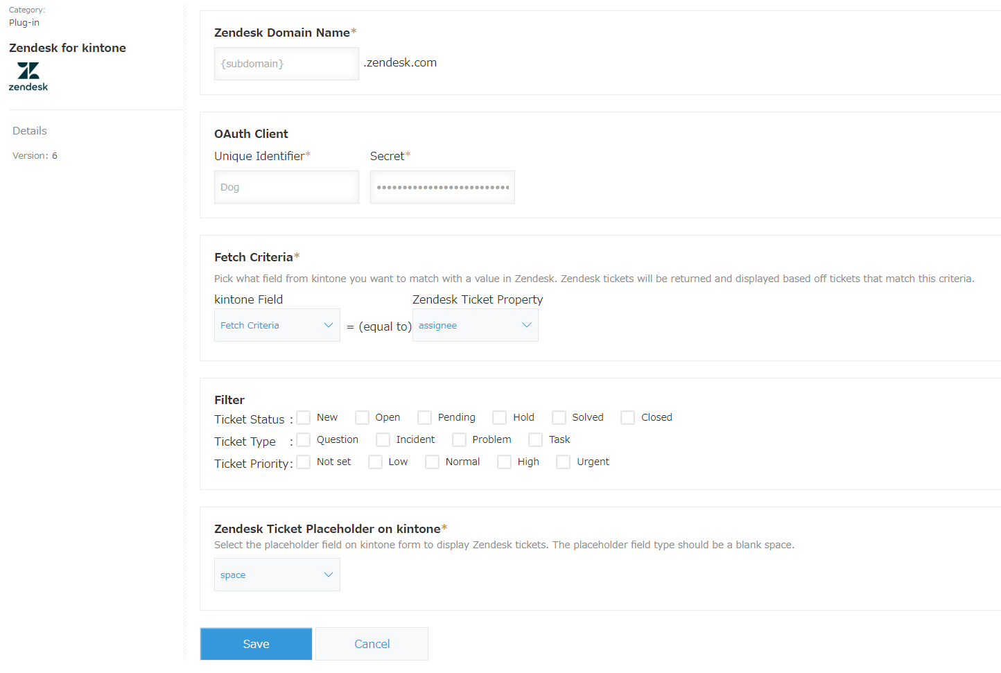 Screenshot: The settings page for the Zendesk plug-in.