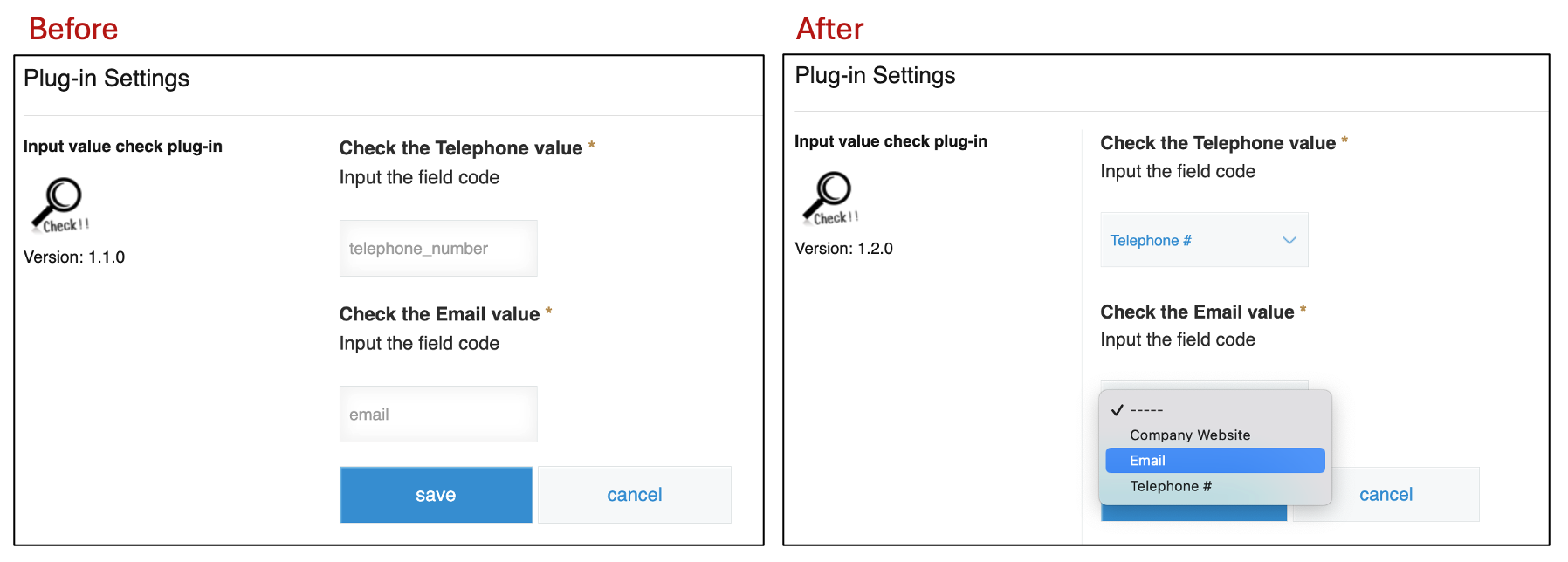 Screenshot: A comparison of the plug-in settings page before and after updating to the dynamic settings page.