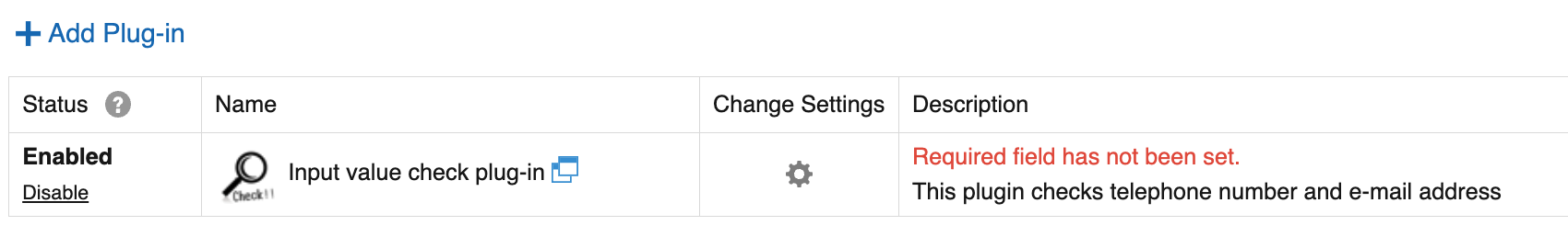 Screenshot: the plug-ins list page with the required field has not been set message displayed.