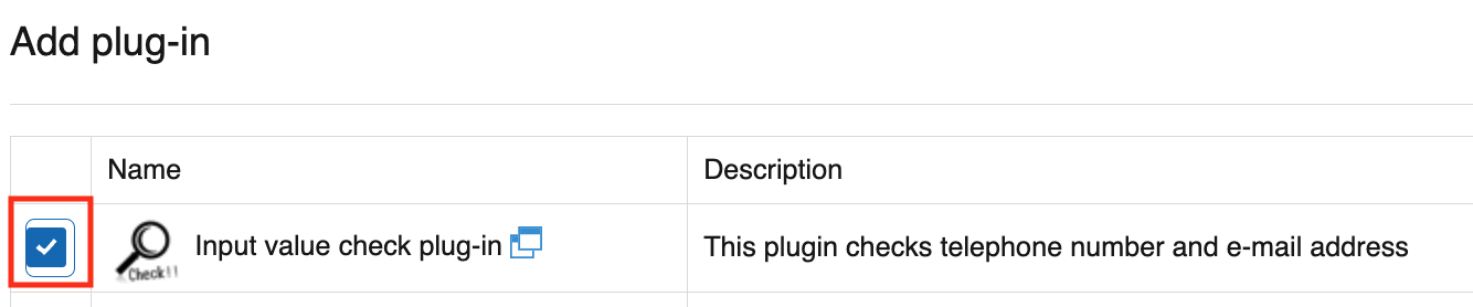 Screenshot: The Input value check plug-in selected.