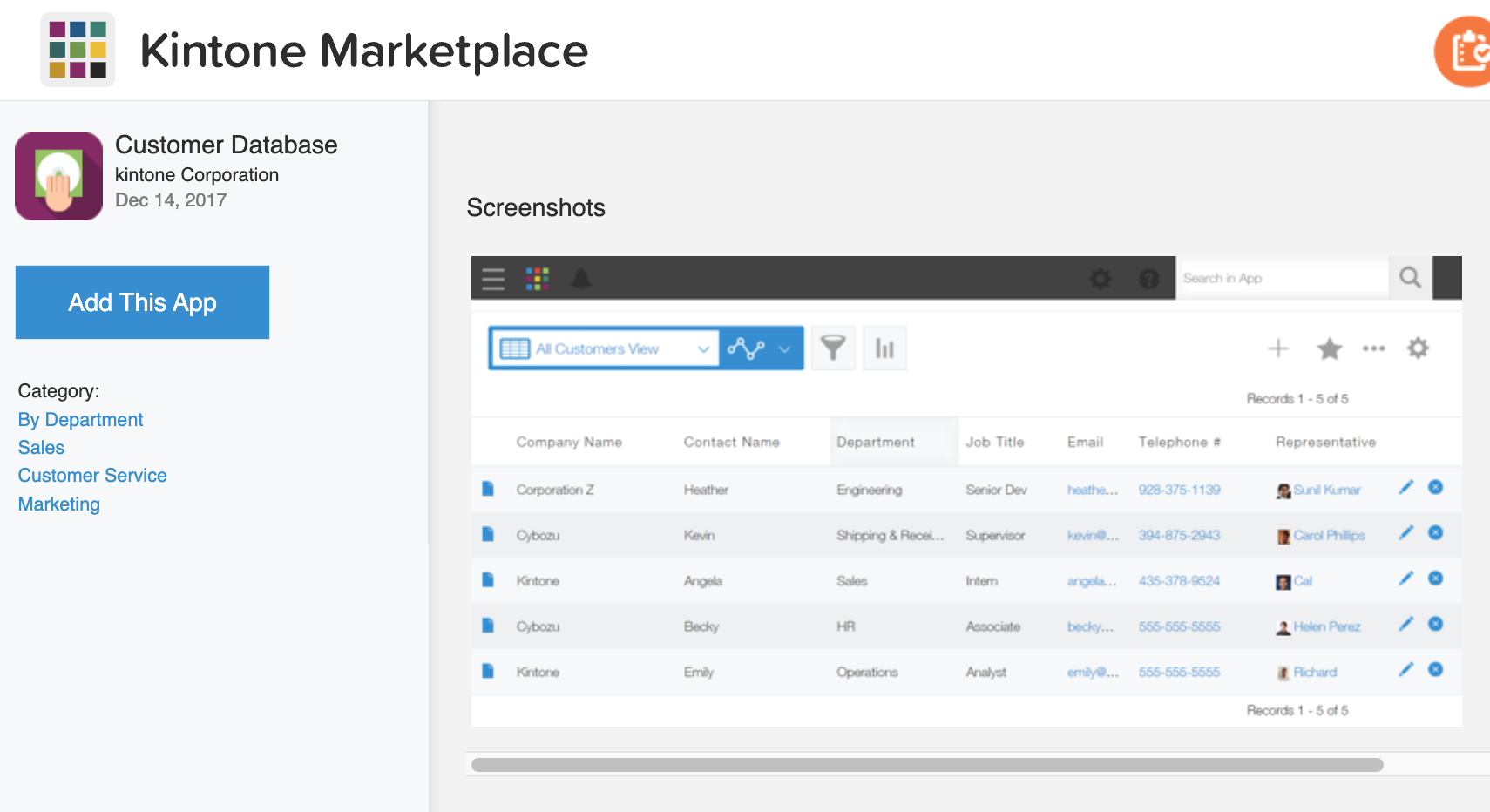 Screenshot: Add Customer Database App from Kintone Marketplace.