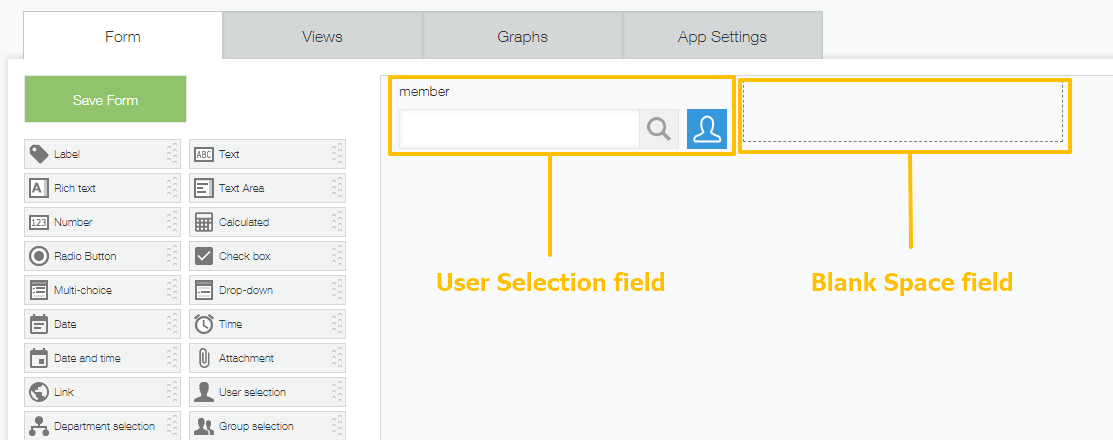 Screenshot: The Kintone App field set up needed for the Add Yourself plug-in.