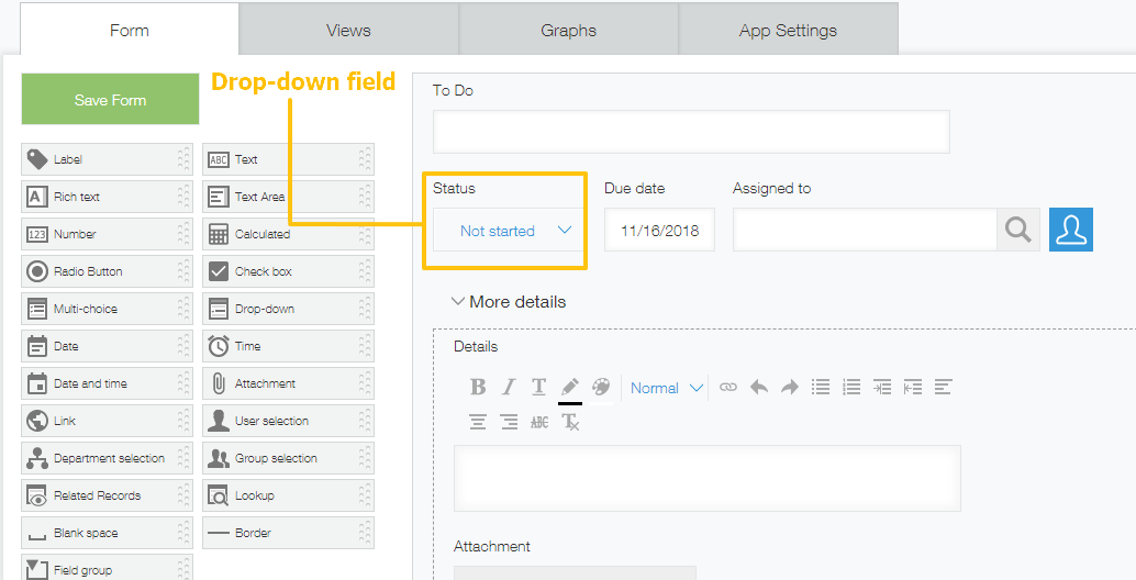 Screenshot: A Drop-down field being highlighted within the Form editor of the Kintone App settings.