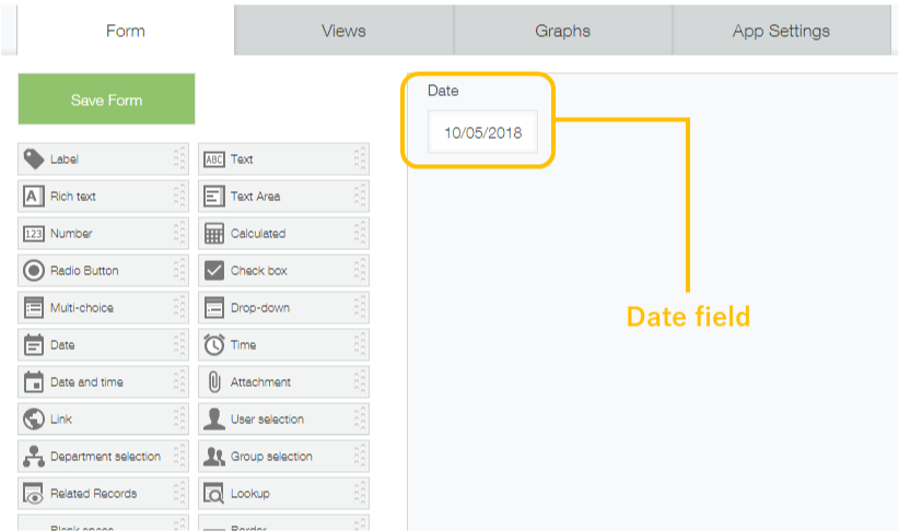 Screenshot: A Date field being highlighted within the Form editor of the Kintone App settings.