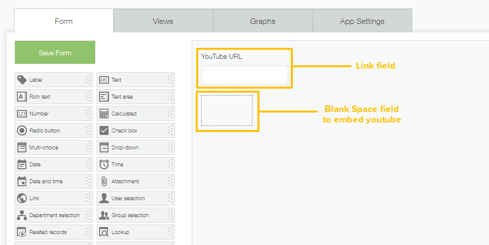 Screenshot: A Link field and Blank Space field being highlighted within the Form editor of the Kintone App settings.