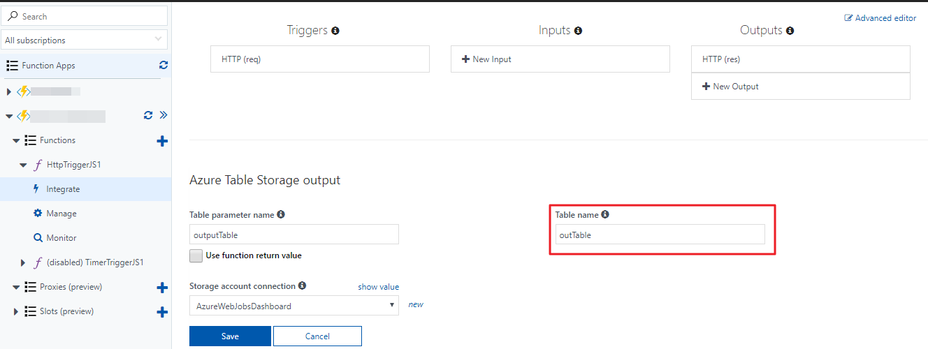 Screenshot: User inputs a name for the 'Table name' field in Azure Functions.