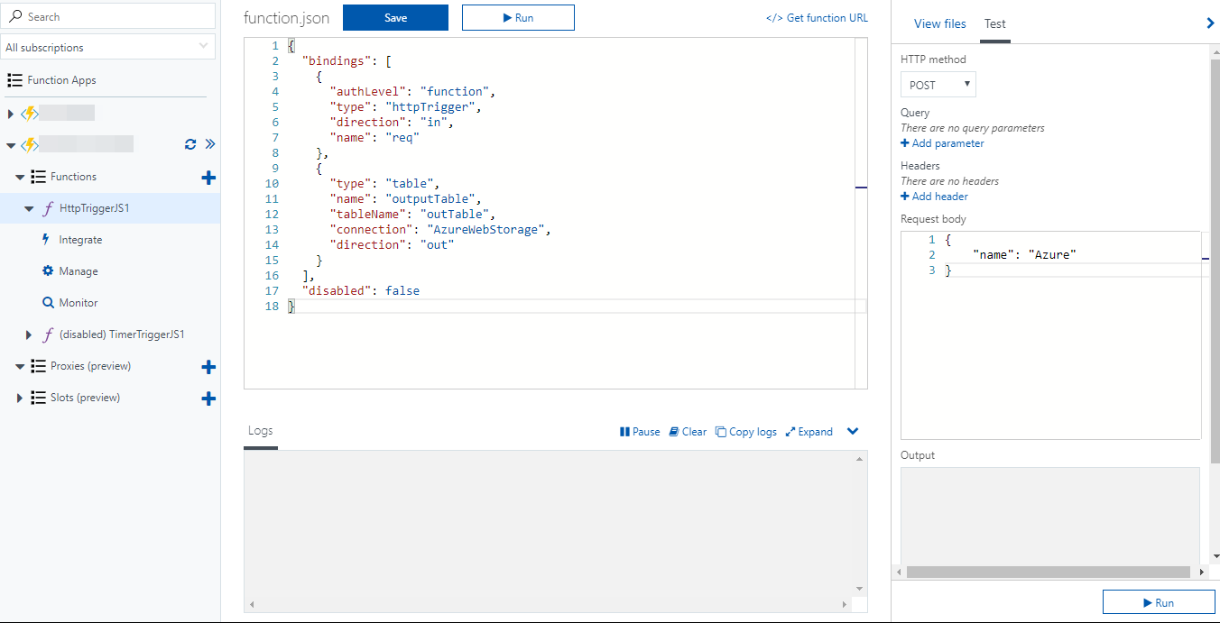 Screen: The sample JSON is entered in to Azure functions..