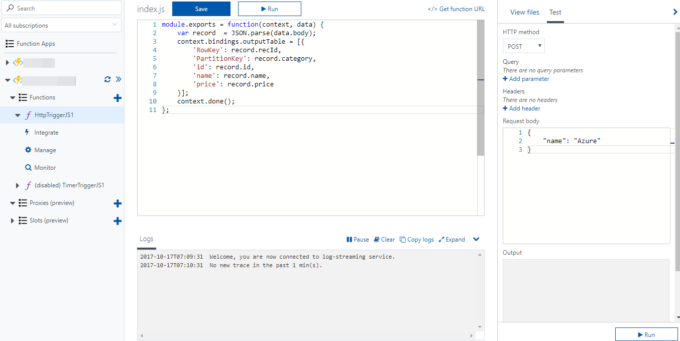 Screenshot: The sample code is entered in to Azure functions.
