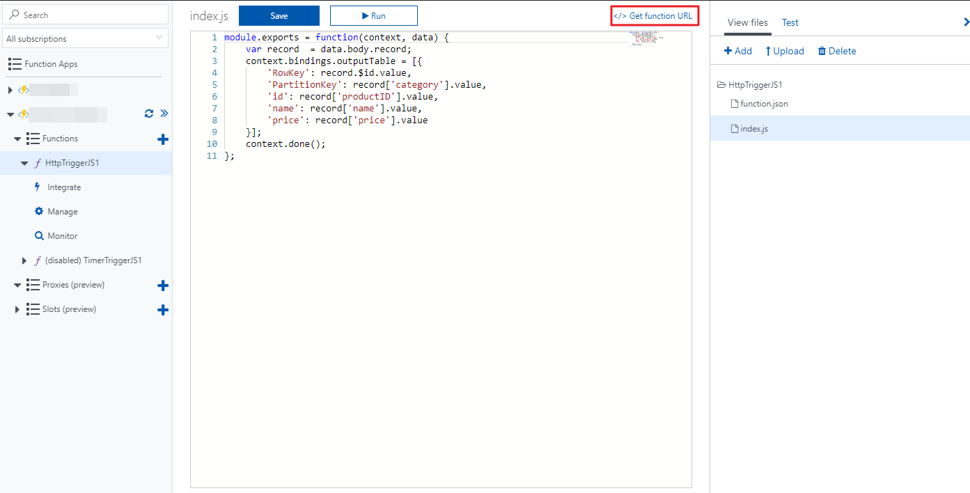 Screenshot: User navigates on Azure Functions to index.json and clicks on 'Get function URL'.