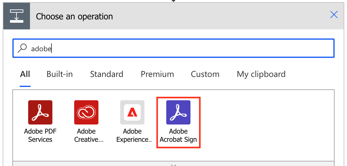 Screenshot: The adobe sign in the choose an operation screen.