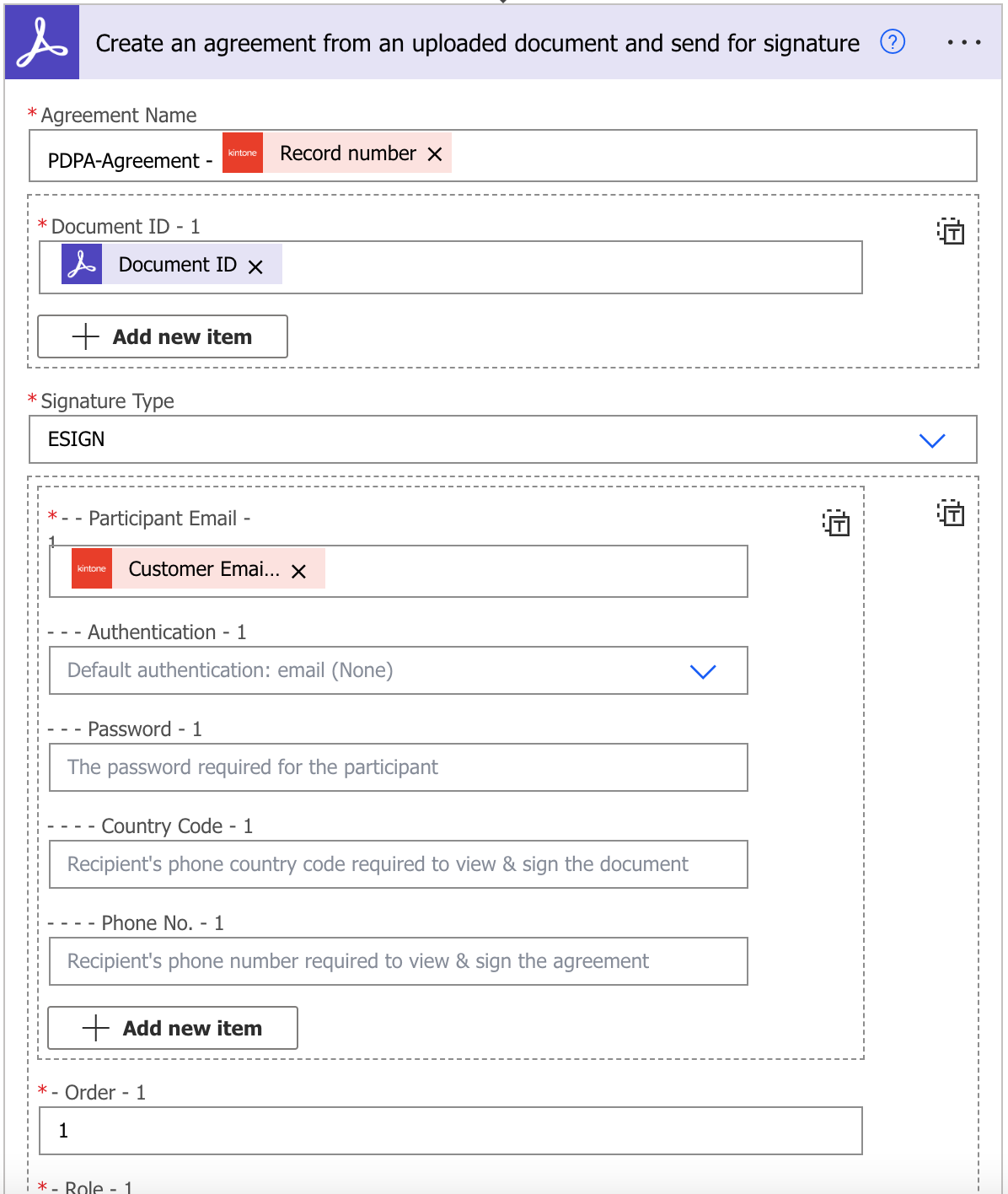 Screenshot: Options of the create an agreement from an uploaded document and send for signature flow.