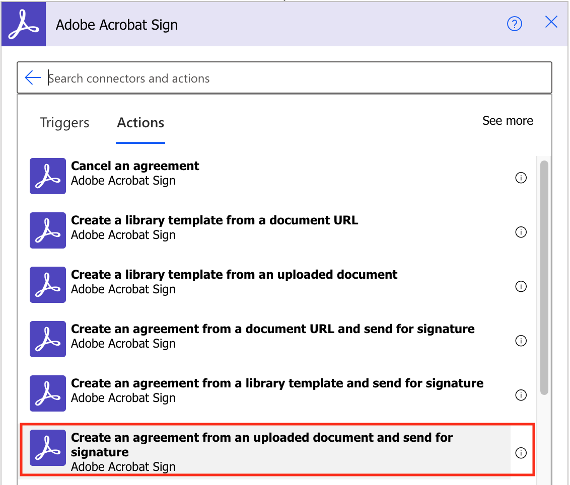 Screenshot: Searching create an agreement from an uploaded document and send for signature.