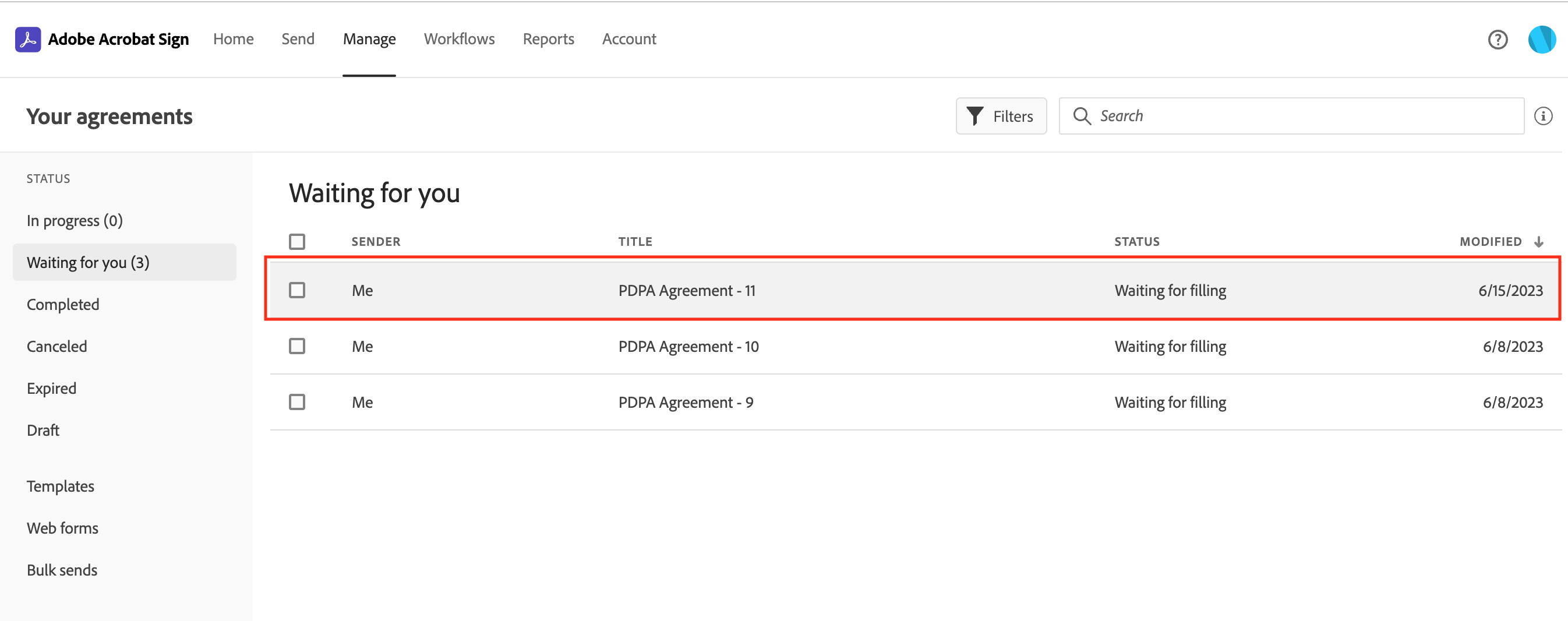 Screenshot: The list of agreements in your adobe sign account.