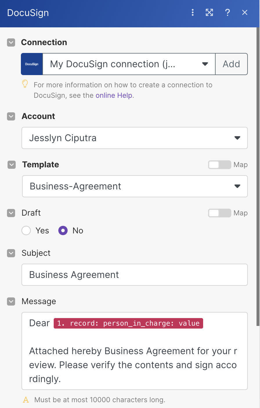 Screenshot: the docusign window where you input the needed information.