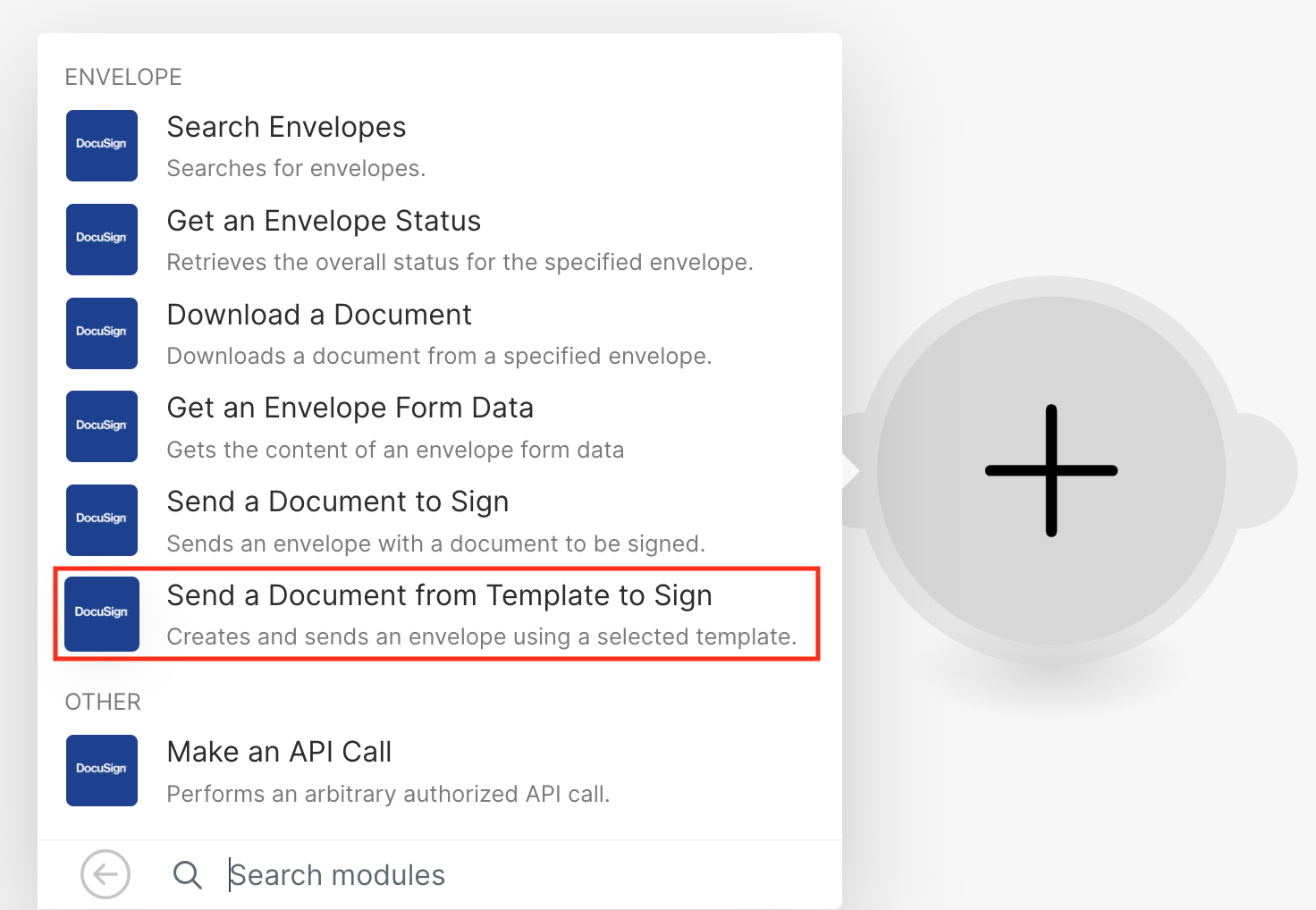 Screenshot: selecting the send a document from template to sign.