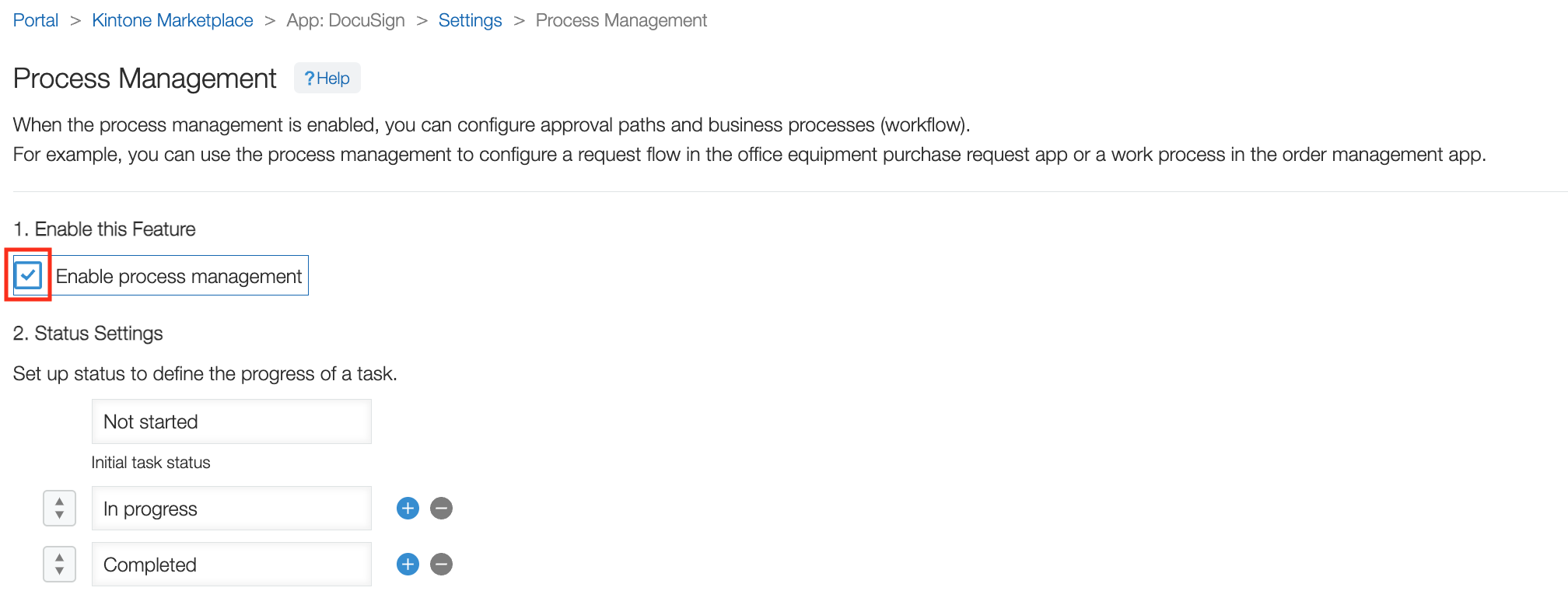 Screenshot: checking the enable process management checkbox.