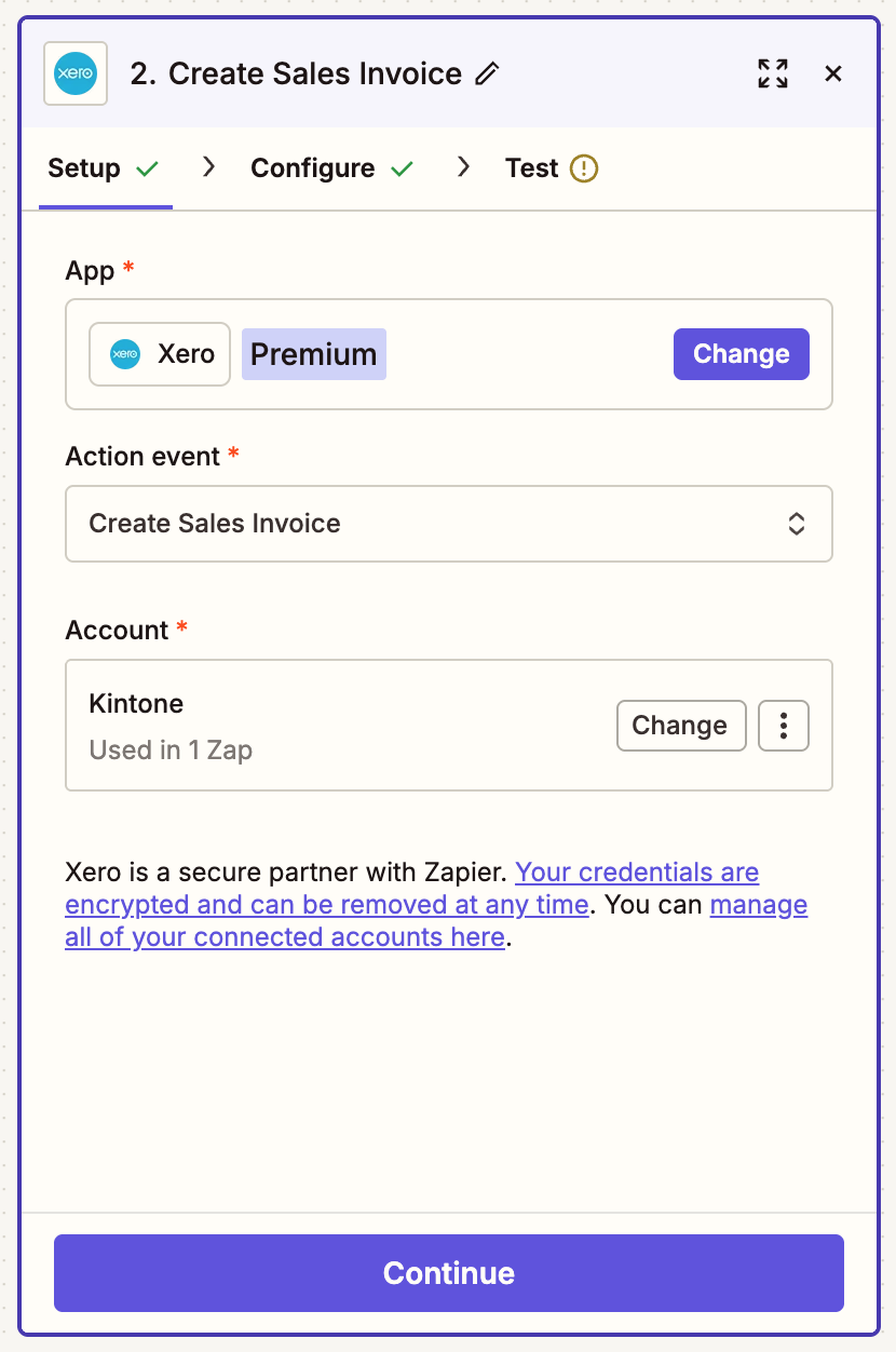 Screenshot: Setup Create Sales Invoice step in Zapier.
