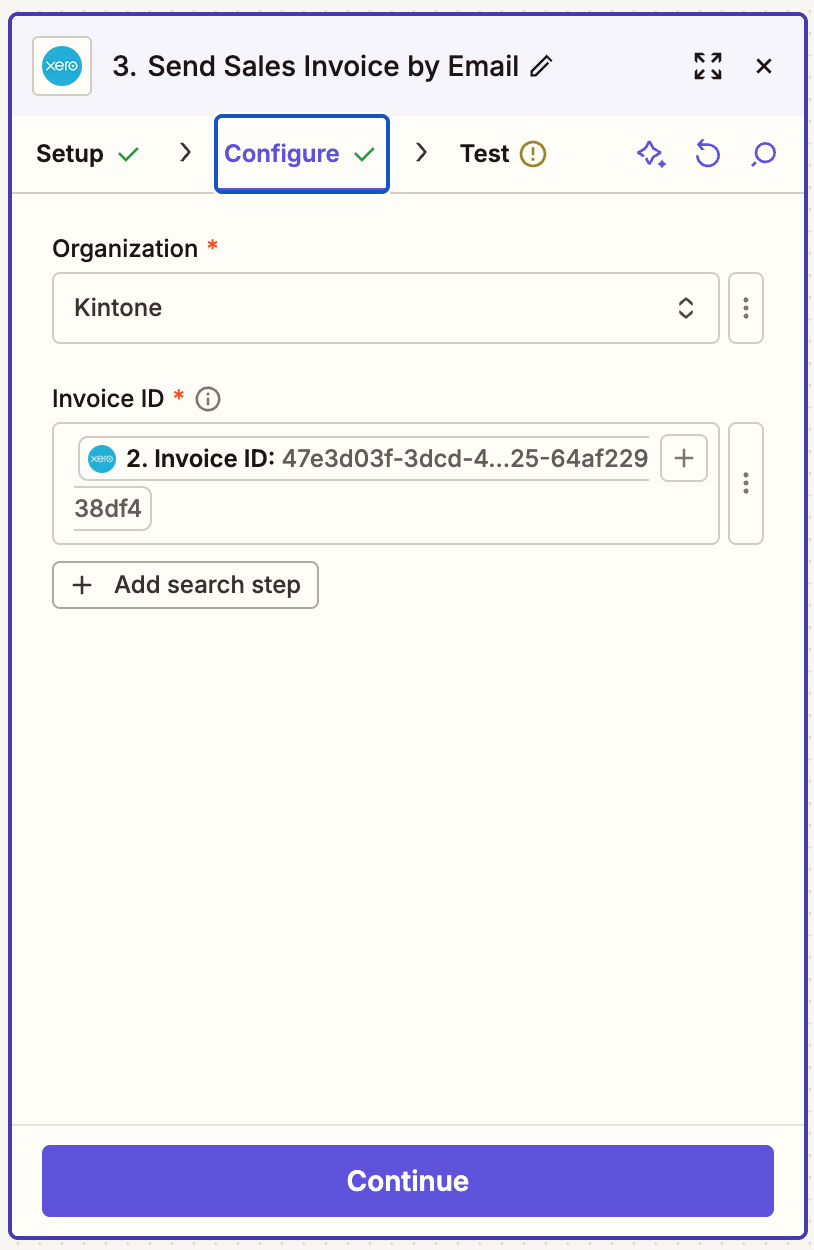 Screenshot: User maps fields for emailing the invoice in Zapier.