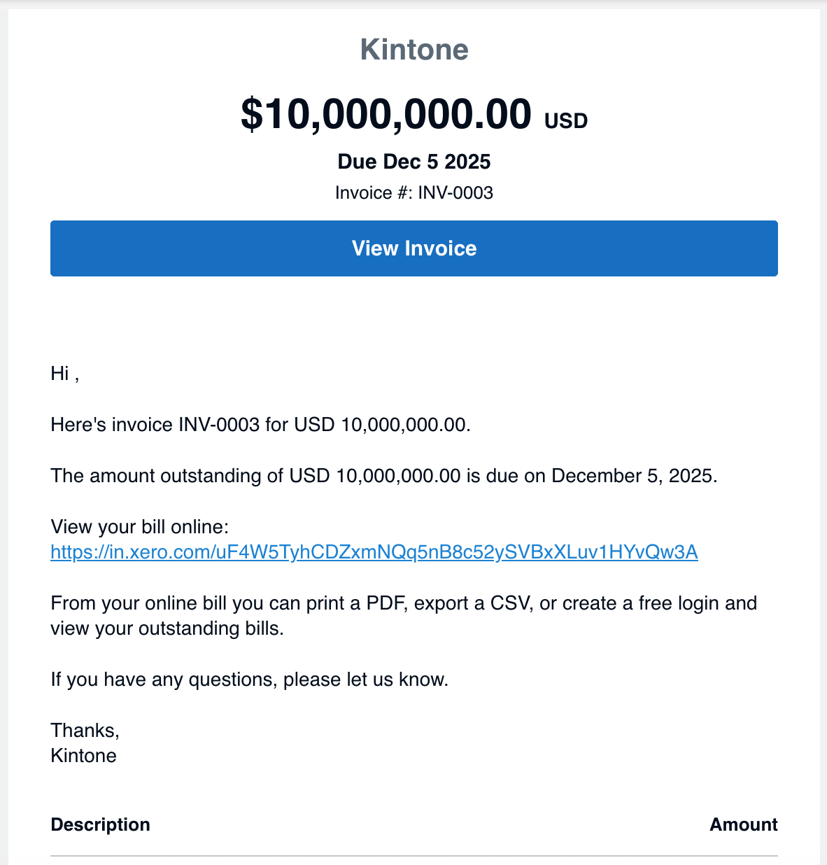 Screenshot: User tests the Xero Email Invoice action in Zapier.