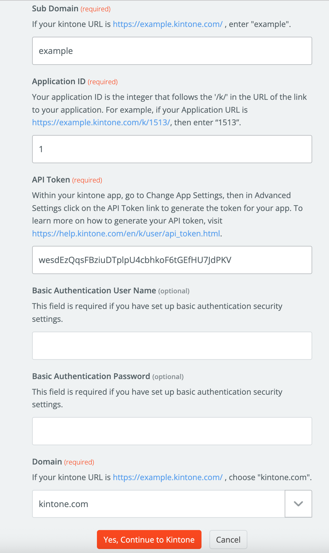 Screenshot: The Kintone authentication details in Zapier.