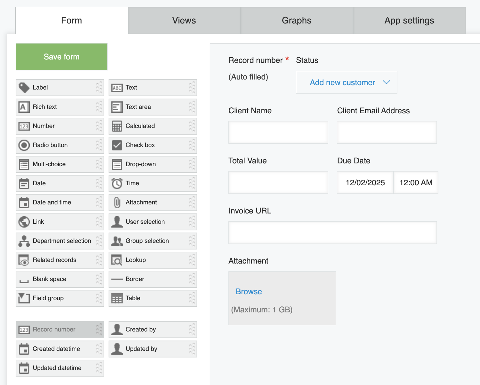 Screenshot: The fields placed into the form.