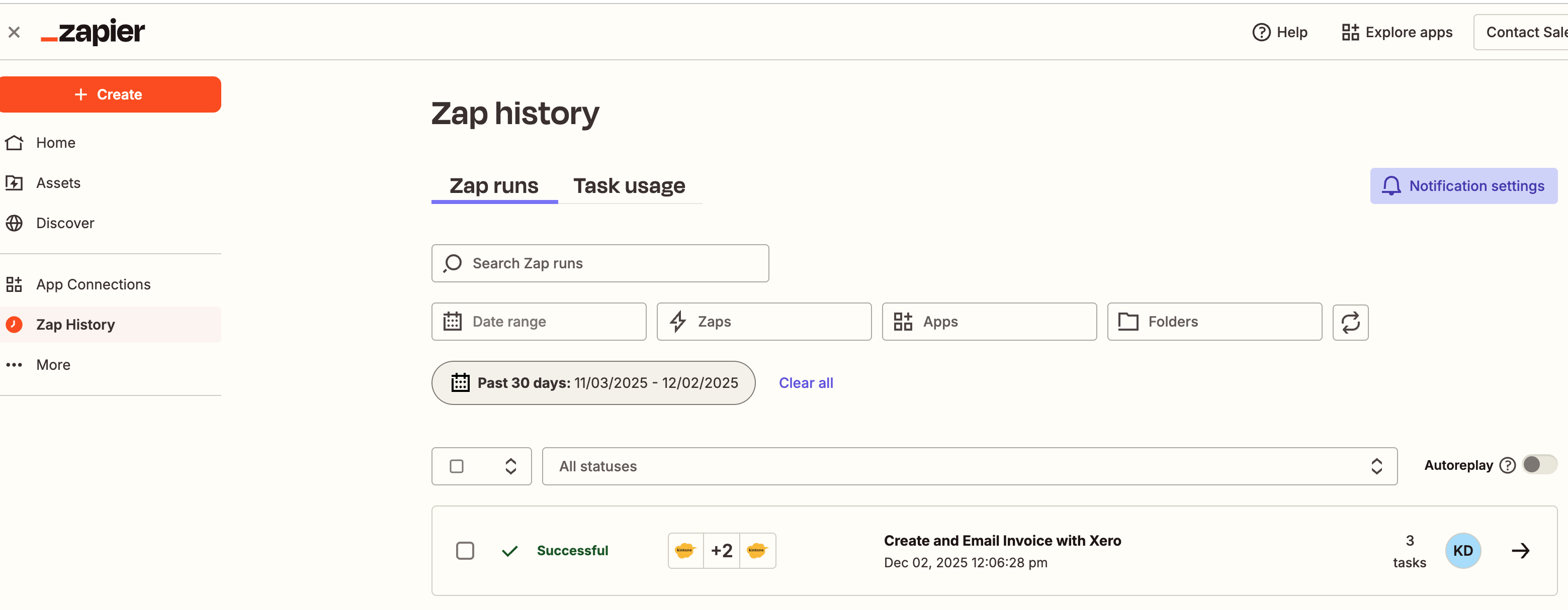 Screenshot: The Zap history showing successful Zaps in Zapier.