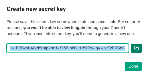 Screenshot: the secret key and the copy button.