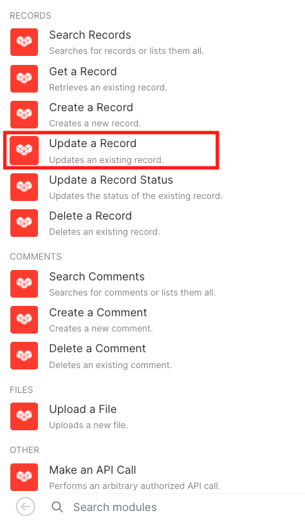 Screenshot: selecting update a record .