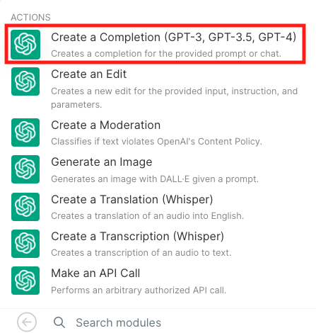 Screenshot: selecting create a completion.