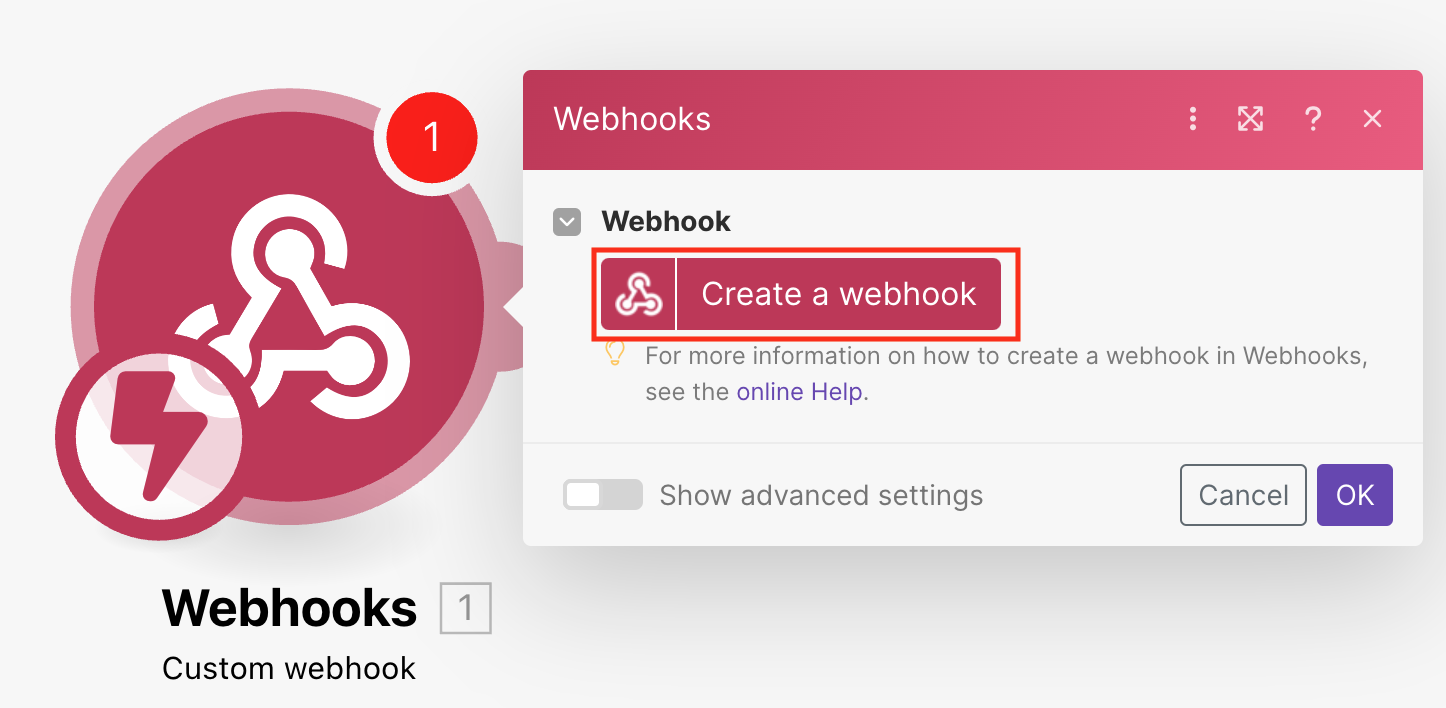 Screenshot: the create a webhook button.