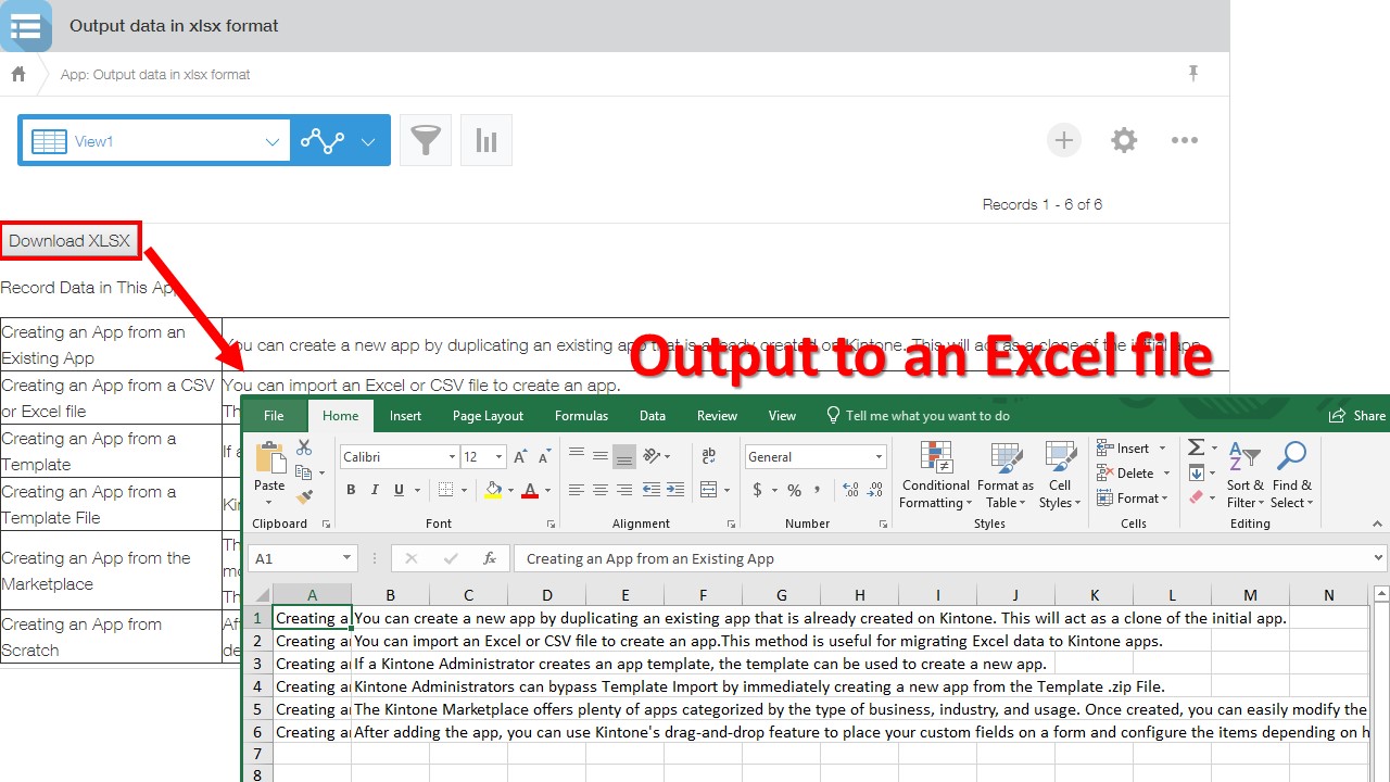 Screenshot: Kintone outputting data into an Excel file.