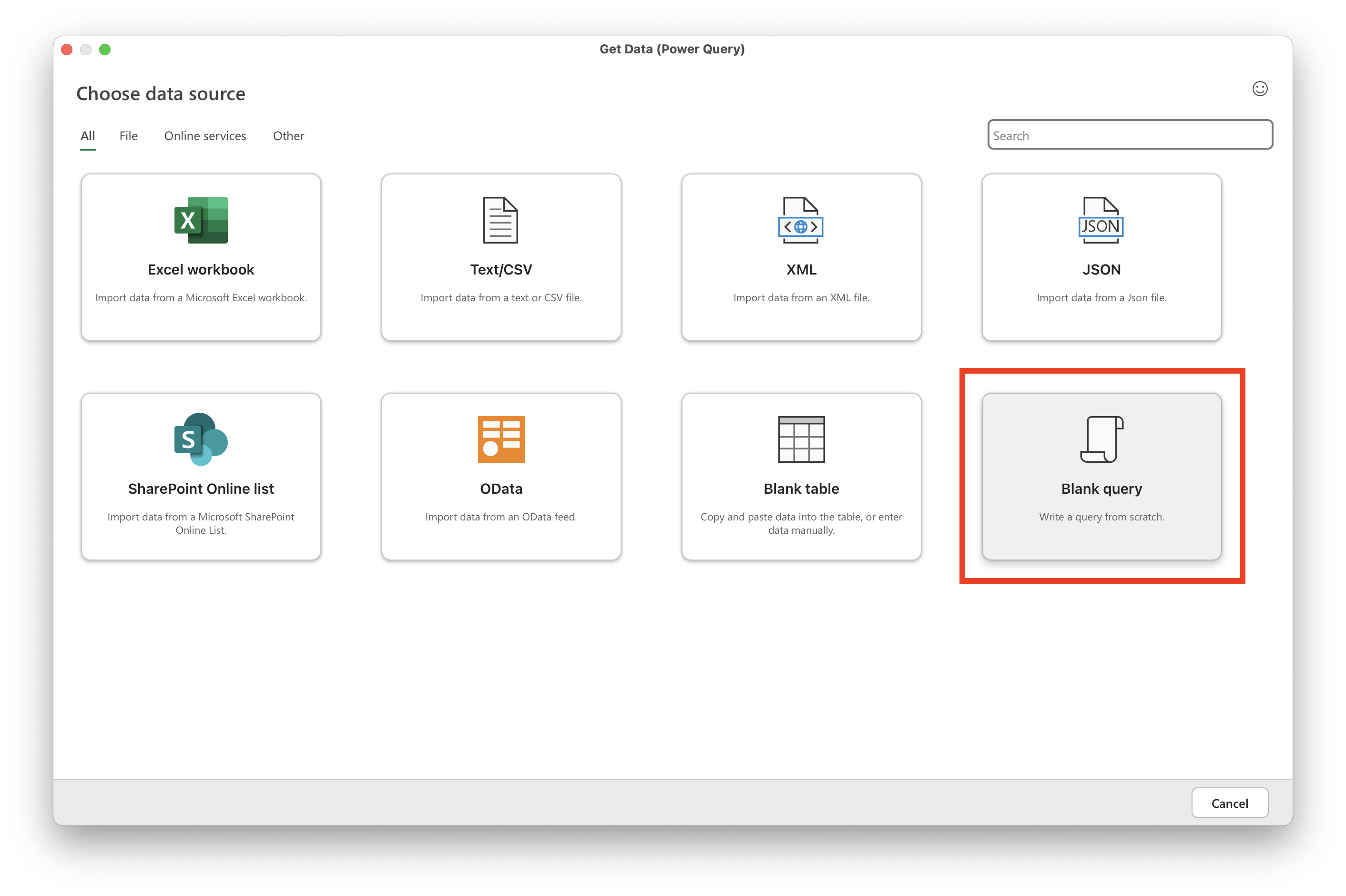 Screenshot: The Choose Data Source screen in Excel