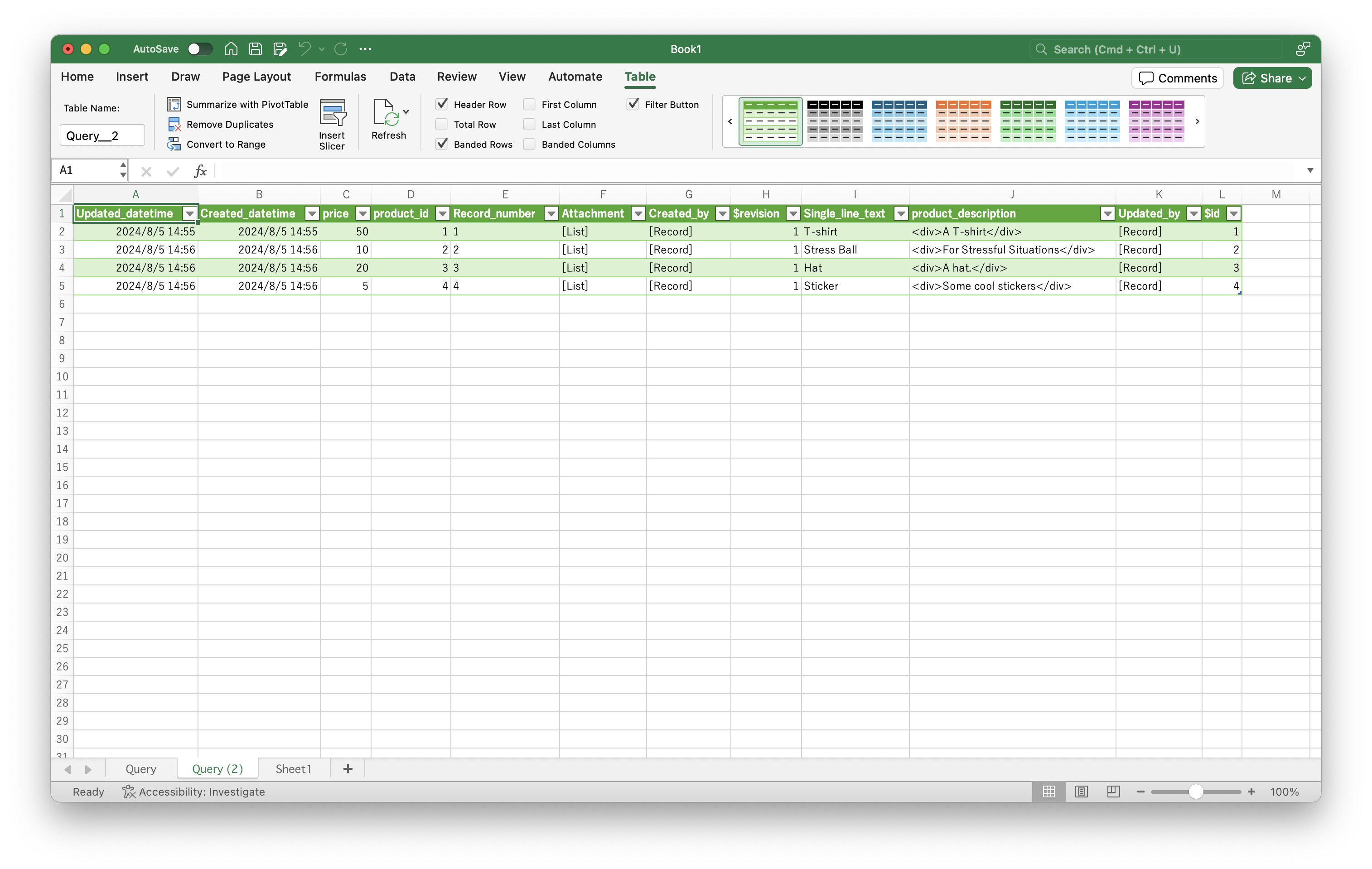 Screenshot: Query Data loaded into Microsoft Excel.