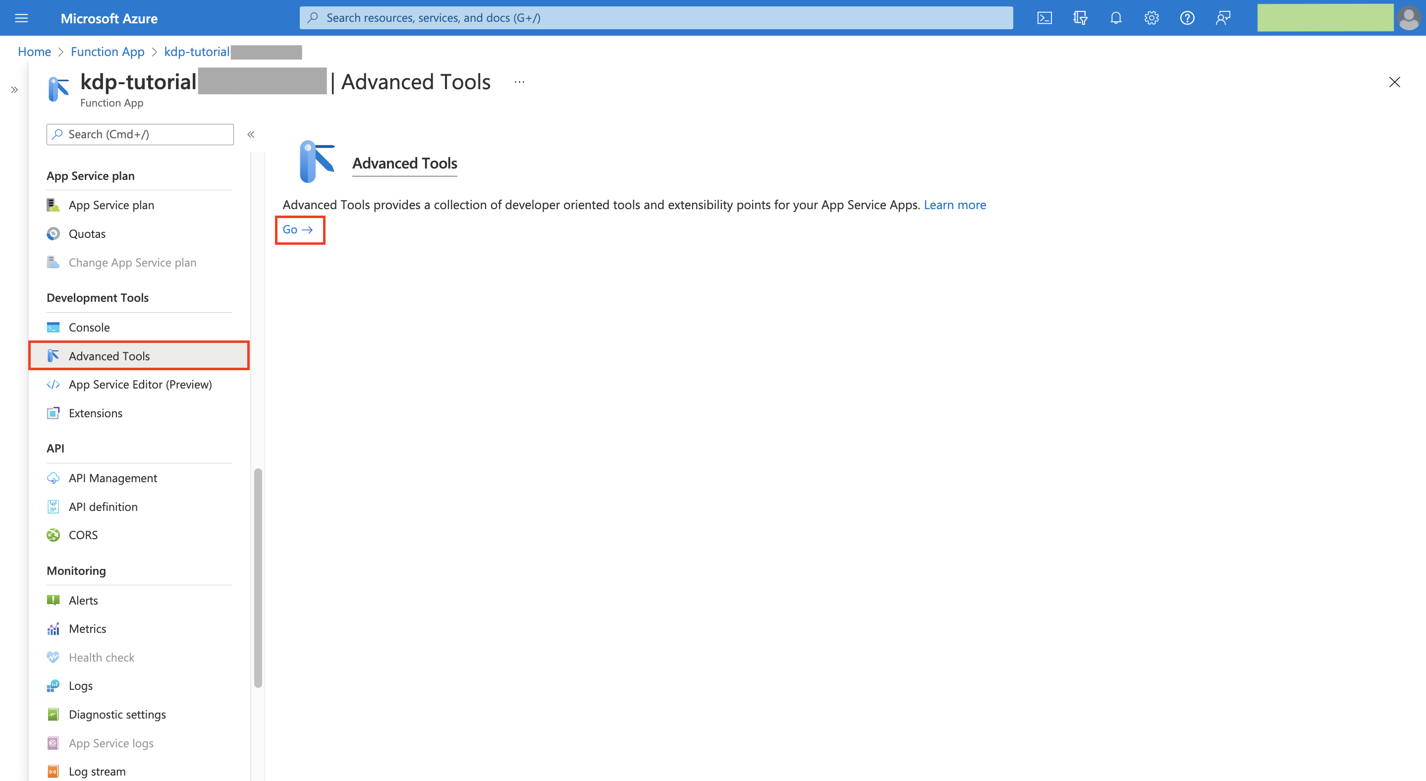 Screenshot: On Azure Functions, choose Advanced Tools and Go.