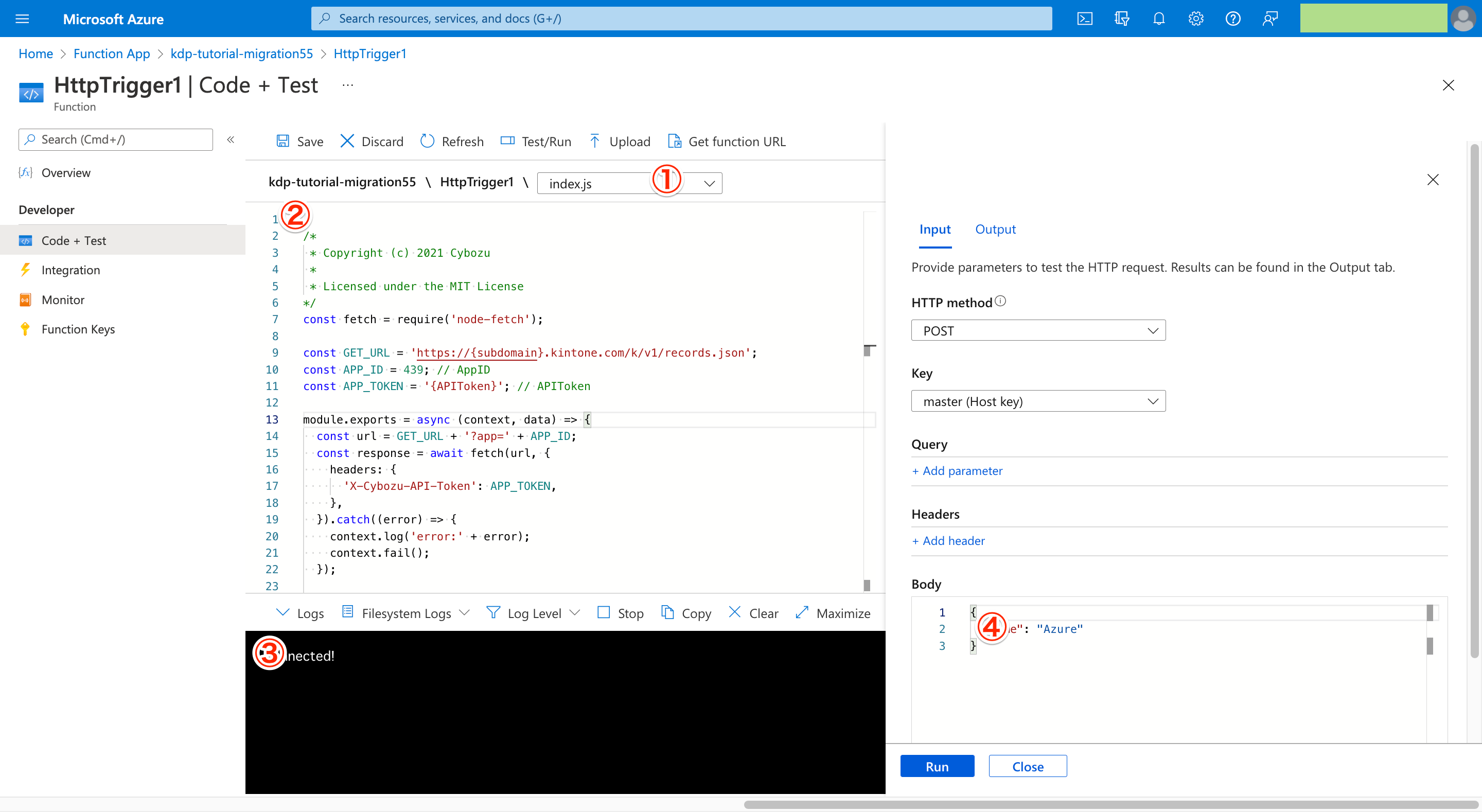 Screenshot: Azure Function's Function Editor page.