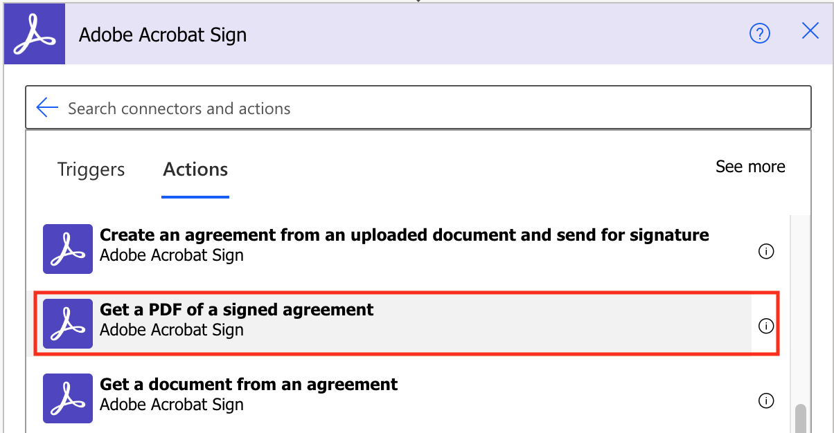 Screenshot: Searching get a PDF of a signed agreement flow.