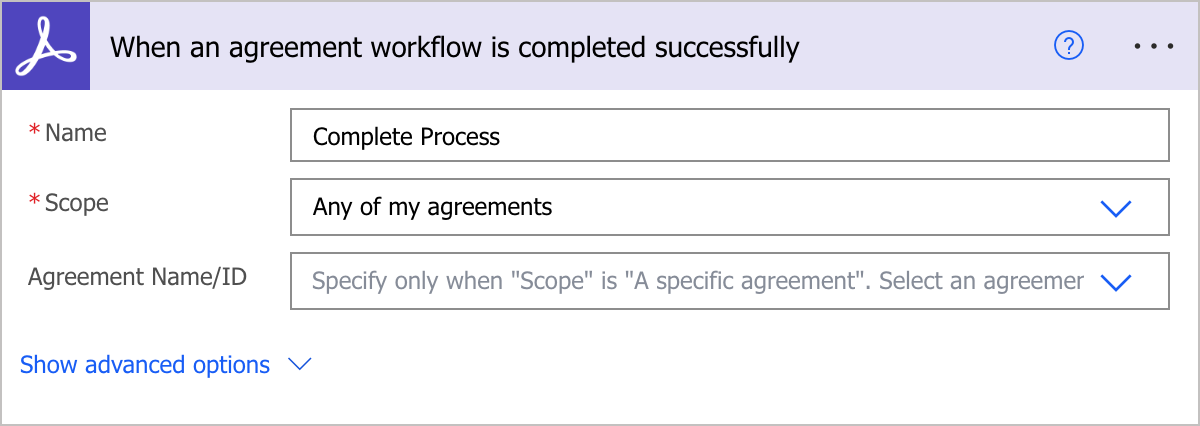 Screenshot: options for the when an agreement is completed successfully flow.