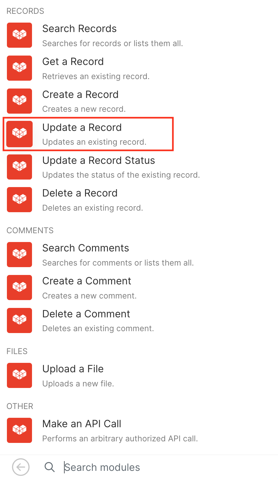 Screenshot: selecting update a record.