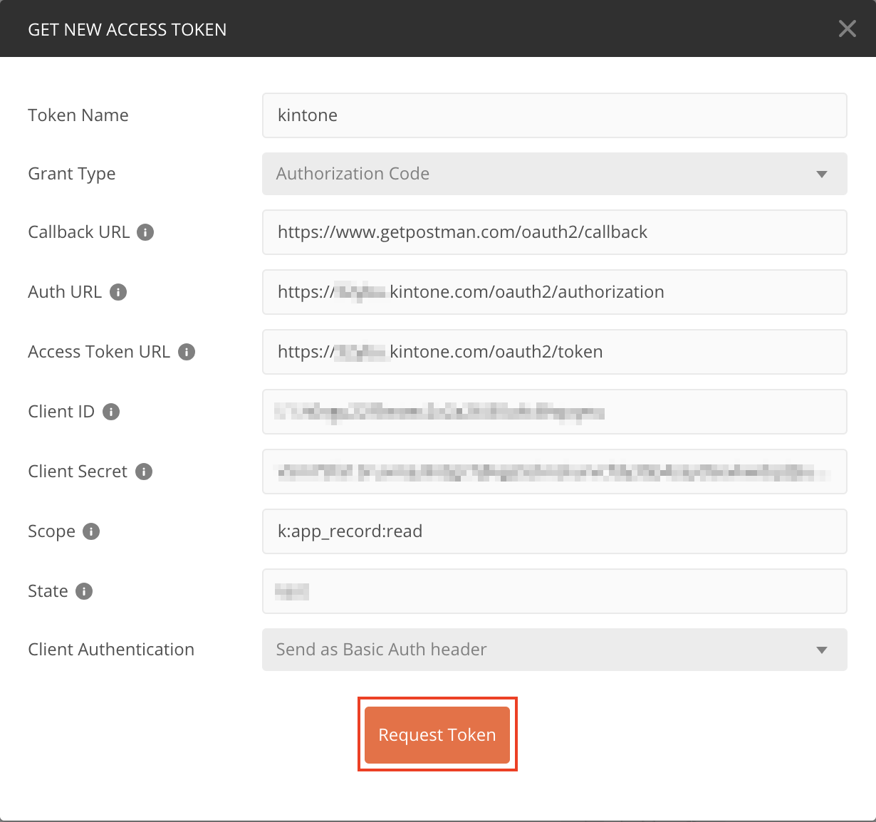 Screenshot: The GET NEW ACCESS TOKEN settings in postman with values filled in.