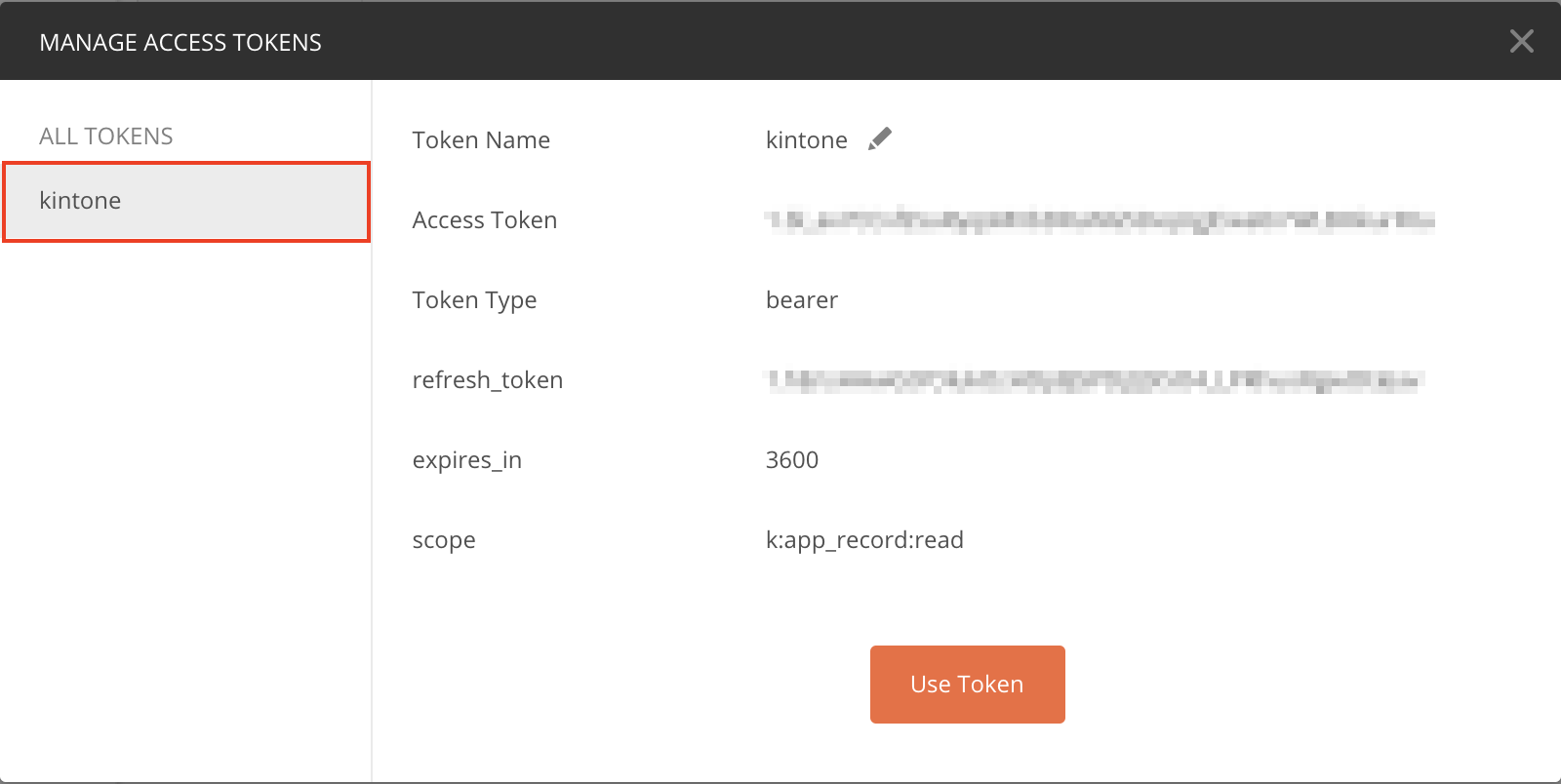 Screenshot: Postman showing the MANAGE ACCESS TOKENS settings with Kintone's information inside.