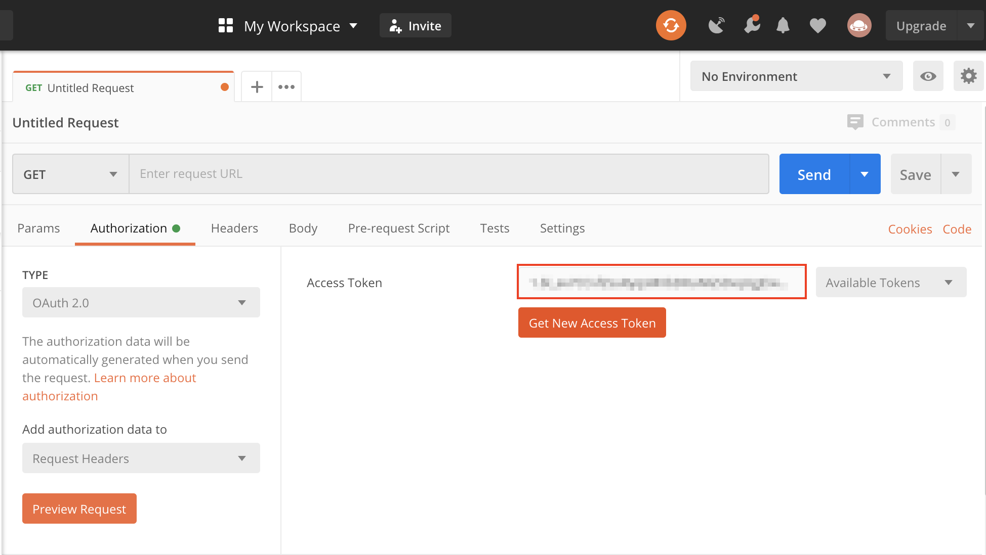 Screenshot: Postman with the Access Token being set in the Authorization settings.