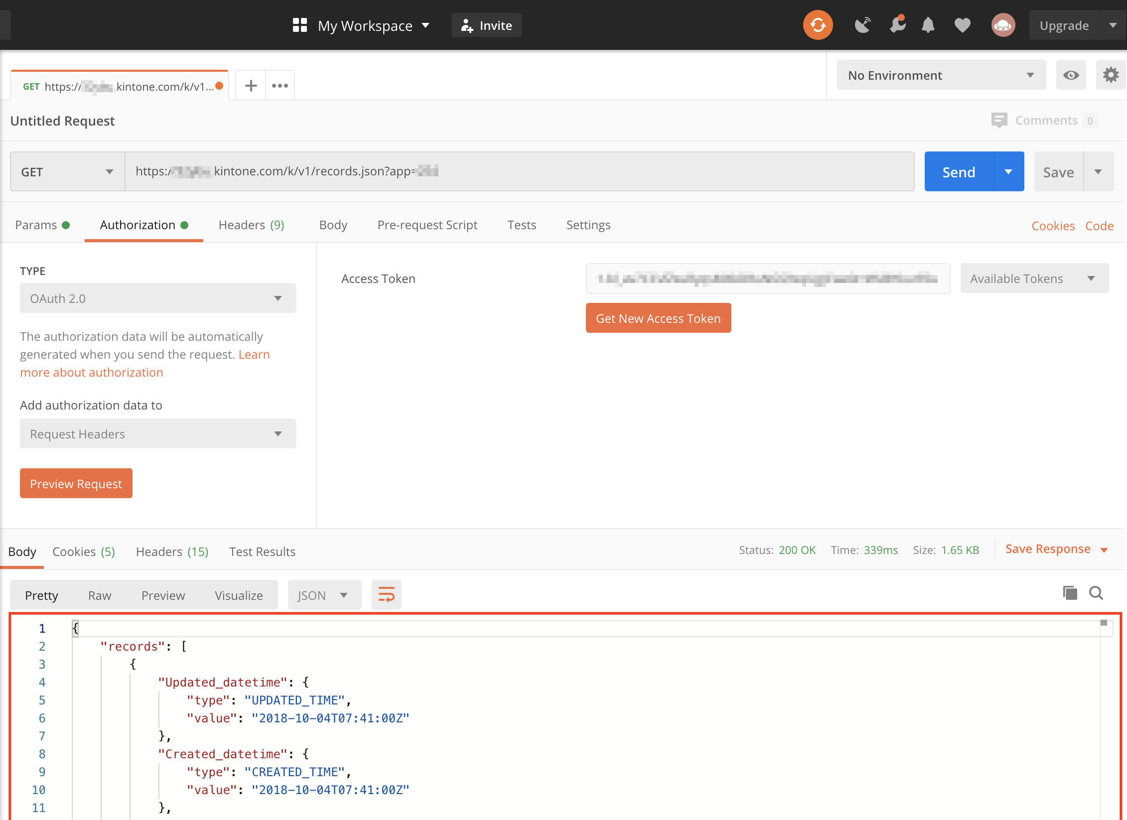 Screenshot: Postman with the response from the REST API call displayed
