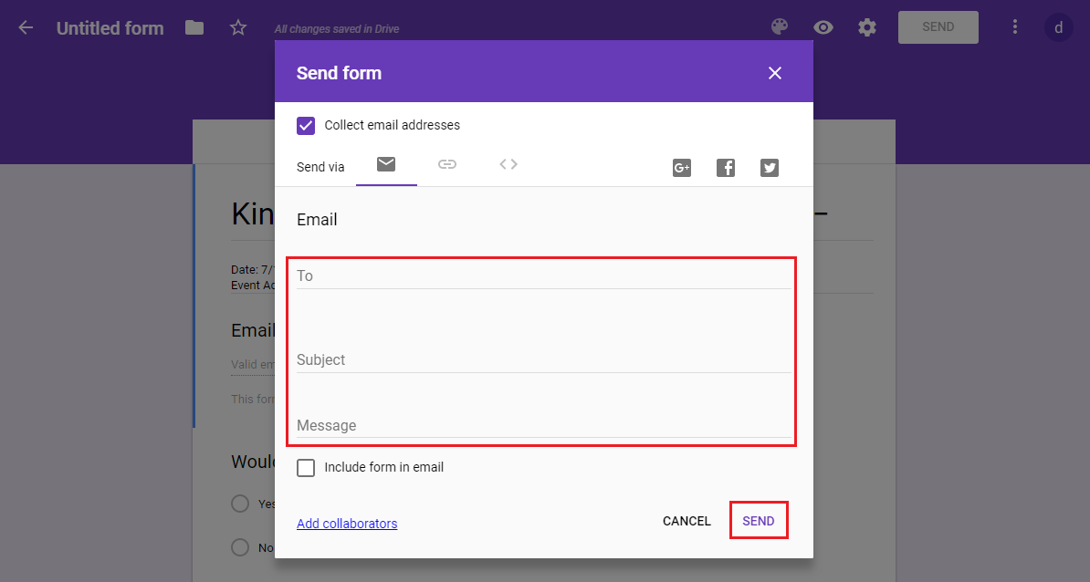 Screenshot: User fills out the form to send the created Google Form to other users.